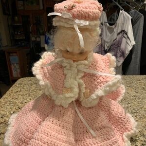 Vintage Pink Crochet Porcelain Sleepy Eye Doll